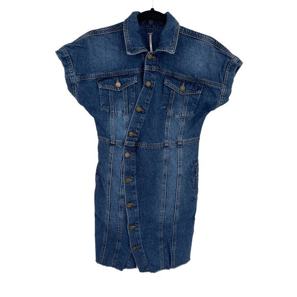 Free People Women’s The City Asymmetrical Blue Denim Jean Frayed Mini Dress Sz S - Picture 8 of 11